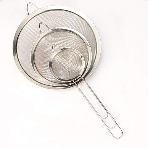 Juego de 3 coladores de cocina, diámetro 7/12/18 cm, colador de acero inoxidable, colador de malla fina con asa, para escurrir pasta, quinua, azúcar en polvo, verduras, frutas, té