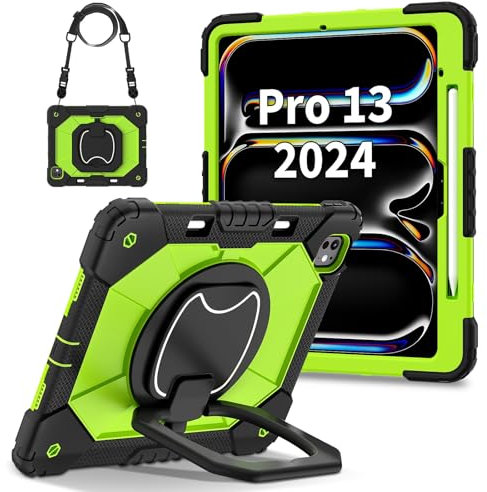 Tablet Cases Case Compatible with iPad Pro 13 inch (M4) 2024 with Pencil Holder, Rugged Shockproof Cover,Protective Case W 360 Swivel Kickstand+Hand Strap+Shoulder Strap Tablet PC Case(Black Yellow Gr