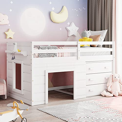 Tiiiopkvvv Doppelbett mit Schrank und Regal in Weiß, Kiefernholz, integrierte Leiter, durchgehende Schutzschiene, kein Federkasten erforderlich (weißes Doppelbett)