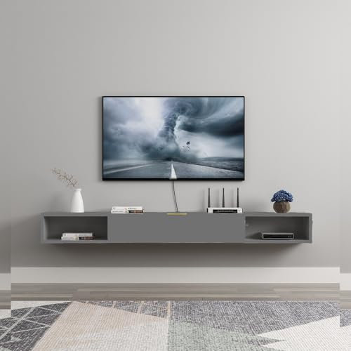Meuble TV flottant moderne gris foncé avec tiroirs, centre de divertissement à domicile pour salon, meuble TV mural, 120 cm