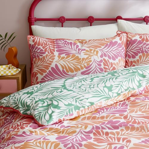 Appletree - Pink Tropical Leaf Duvet Cover - Super King Bedding Size (260 x 220cm) - 100% Cotton - Reversible 2 Colours - 2 Pillowcases - Green Jungle Duvet Set - Tropical Palm Leaves Bedding in Pink