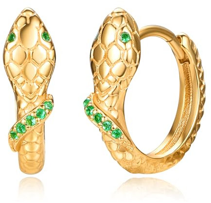KINGWHYTE Schlange Creolen Ohrringe 925 Sterling Silber Smaragd Auge Knorpel Ohrringe 24K Vergoldet Schläfer Runde Huggie 14mm Creolen Schlange Schmuck Geschenke für Frauen Männer