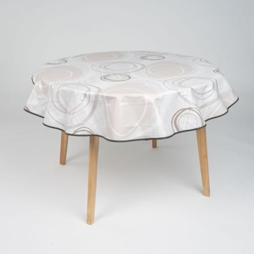 laro 160cm runde Wachstuch Tischdecke abwaschbar Wachstuchtischdecke mit Saum-Eingefasst-Paspelband, Muster:Kreiswogen Weiß Beige, Größe: Rund 160cm