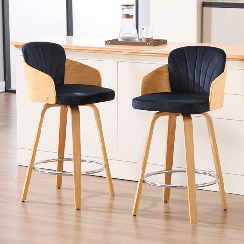 DAYALANE Tabouret de Bar Lot de 2, Siège en Velours&Cadre en Bois, Noir | Chaise de Bar Pivotant à 360°, Combinaison Velours et Bois, Style Vintage et Moderne, Pour Bar Cuisine