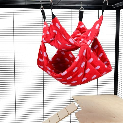 Little Friends Pet Rat Ferret Chinchilla Double Layer Soft Hanging Bunkbed Hammock – 35 x 35 x 35cm – Cosy Cage Accessory - Red Dots