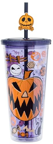 Silver Buffalo Disney Tim Burton's Nightmare Before Christmas Halloween Jack O-Lantern and Candy Featuring Jack Skellington Plastic Cold Cup with Lid and Straw Topper, 24 Ounces