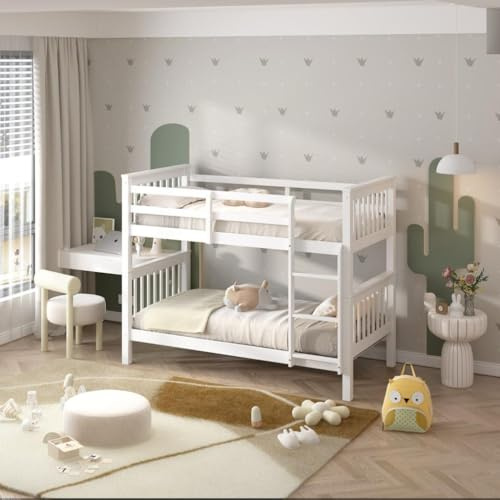 Bunk Bed for Kids – Double or Triple Sleeper, With or Without Mattress, Wooden Frame with Safety Rails & Ladder – Space-Saving Design (White, Double with Mattress)