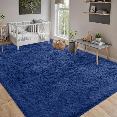 CHENMIAO Teppich Wohnzimmer 80 x 150 cm Flauschig Hochflor Extra Shaggy Weicher Wohnzimmerteppich Anti-Rutsch-Rückseite für Schlafzimmer Kinderzimmer, Dunkelblau