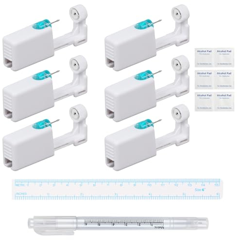6 Stück Ohrloch Stecher Set mit Markierungslineal und Stift, Schmerzfreie Ohrlochpistole mit Ohrsteckern, Hygienisches Piercing Set für Anfänger & Profis, DIY Ohrringe und Nasenpiercing Selber Stechen