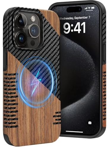 Dolstrap Magnetic Case Compatible with iPhone 15 Pro Case (Compatible with Magsafe), (Natural Wood & Carbon Fiber Hybrid) Rugged Slim Phone Cover, Black+Brown