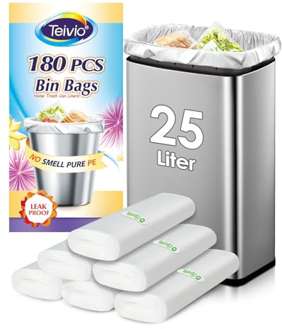 Teivio 25 Liter 180 Counts Strong Pedal Bin Liners, fit 5-6 Gal Garbage Bags, Bathroom Waste Bin Liners, Small Plastic Trash Can Bags for home office kitchen, Clear