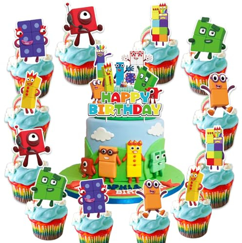 25Pcs Number Blocks Birthday Party Supplies Pack Includes 1 Cake Topper 24 Cupcake Toppers for Number Blocks Party Supplies