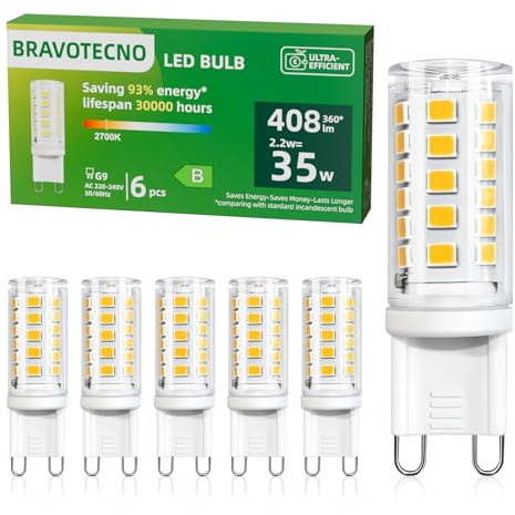 bravotecno G9 LED, Energieklasse B E14 LED Warmweiss, 2700K 2.2W 408LM G9 LED Warmweiß Entspricht 35W, 360° Abstrahlwinkel, Nicht Dimmbar, Wärmearm & Langlebig, 6 Stück