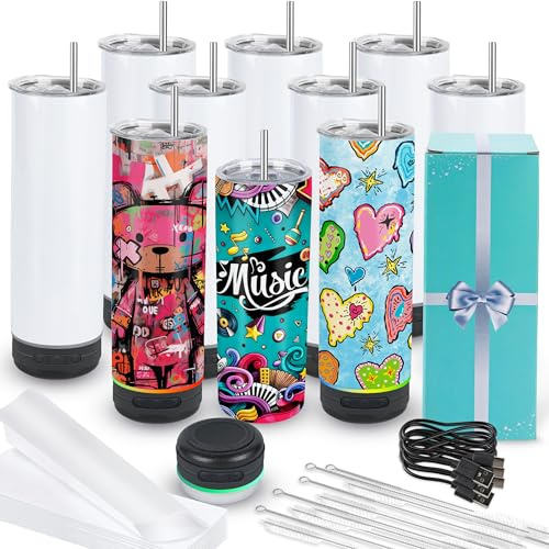 Joyclub 10 Pack Sublimation Speaker Tumblers Bluetooth 20 oz Sublimation Tumbler with Gift Box Music Speaker Tumbler Stainless Steel Cups for DIY Custom Gifts and Small Business