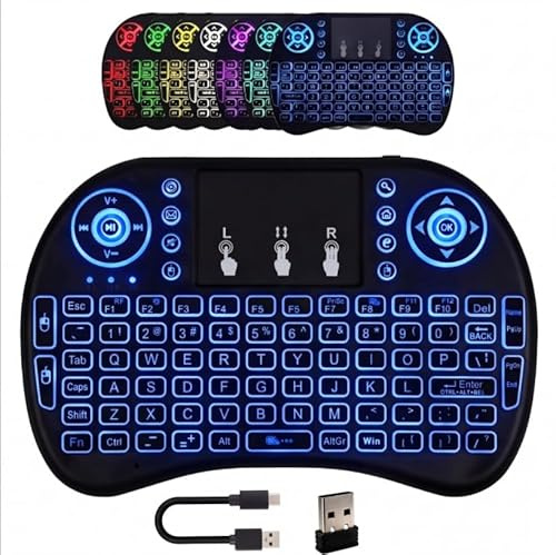 2.4G Mini Wireless Keyboard with Trackpad, Handheld Remote with 7-Color Backlit and Rechargeable for Smart TV, Android TV Box, PC, Laptop, FireStick, HTPC, PS3, PS4, Raspberry Pi, KODI, Windows