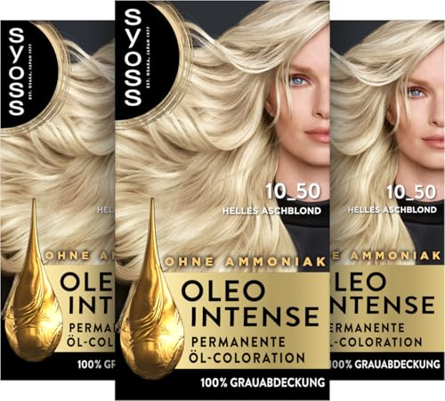 Syoss Oleo Intense Öl-Coloration 10-50 Helles Asch-Blond (3x 130 ml), dauerhafte Haarfarbe mit pflegendem Öl schützt vor Haarschäden, für 100% Grauabdeckung, Coloration ohne Ammoniak