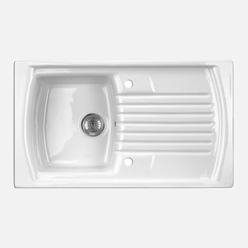 Fregadero de cocina empotrado de cerámica con 1 bañera y escurridor 86 x 50 cm color blanco - Libby