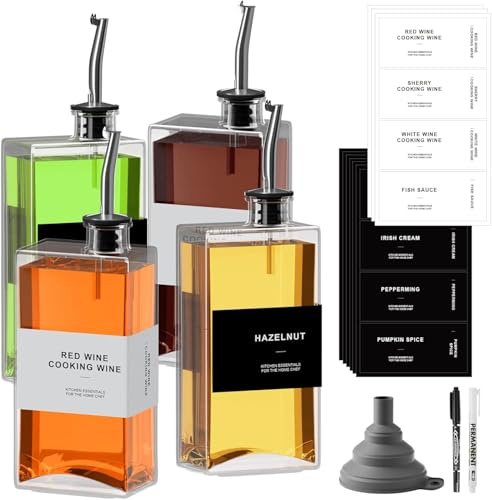 KDIUD Ölflasche Eckig Set,Essig und Ölflaschen Set,4er Olivenöl Flasche 500ml/16,9 oz, Ölspender mit Ausgießer,Kaffee Sirup Spender Glas Set mit Aufkleber