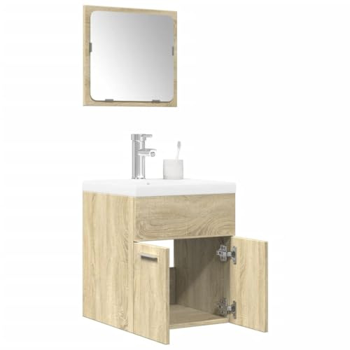 Kaloriko Set di 3 mobili da bagno in rovere Sonoma con lavandino e specchio, mobile da bagno con vano portaoggetti, montaggio a parete, cassetto e portaoggetti per bagno, salvaspazio e funzionale