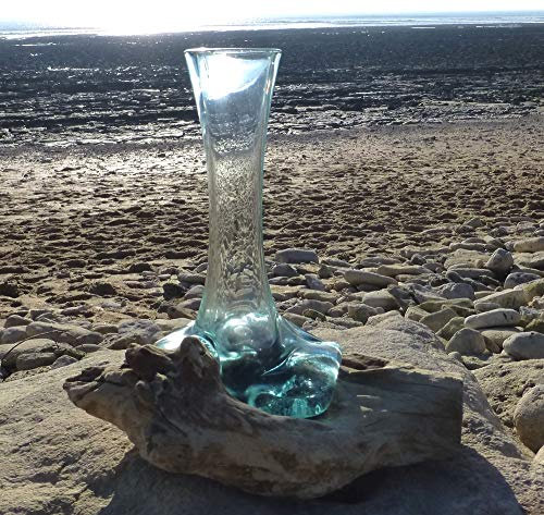 soliflore Vase en Verre recyclé, soufflé à Chaud sur Racine en Bois. H..Environ 25cm. Vendeur Francais.
