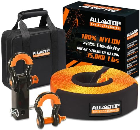 ALL-TOP Nylon-Recovery Kit mit Anhängerkupplung: 7,6 cm x 30 m (15,9 kg) 100% Nylon Santch Strap + 5,1 cm Shcakle Hitch Receiver + 3/4 HD Schäkel (2 Stück) mit Isolator + Aufbewahrungstasche