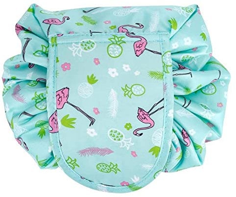 INTIRILIFE Kosmetiktasche in GRÜN ROSA Flamingo - 62 x 54 cm - Runder One Step Kulturbeutel mit Kordelzug zum Zusammenziehen mit 2 inneren Reißverschlussfächern zur Aufbewahrung von Make-Up etc.