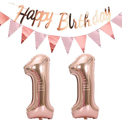 Luftballons 11.geburtstag deko rosegold+Happy Birthday Girlande +Wimpelkette 40Zahlen Ballon 11 Luftballons 11 Jahre Geburtstag Dekoration Mädchen Geburtstagdeko11 Geburtstag deko rosegold set(11)
