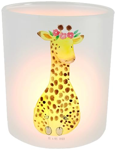 Mr. & Mrs. Panda Deko Windlicht Giraffe Blumenkranz - Geschenk, Teelichter, Afrika, Windlicht Glas, Abenteurer, Wildtiere, Glas Windlicht, Windlicht