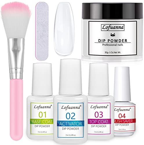 Lofuanna Dip Powder Nail Kit Starter - Clear Dipping Powder with Base, Top Coat, Activator, Brush Saver, No UV/LED Needed, DIY French Nail Art Manicure, Easy to Apply for Home or Salon Use