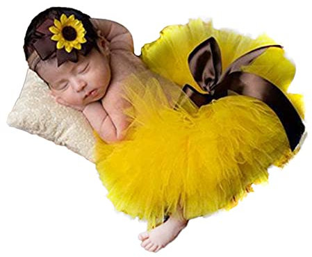 Ruspela Newborn Photography Props Baby Photo Props Outfits Newborn Baby Girl Photography Props Infant Photoshoot Costume Outfits Tutu Skirt Sunflower Headband Yellow