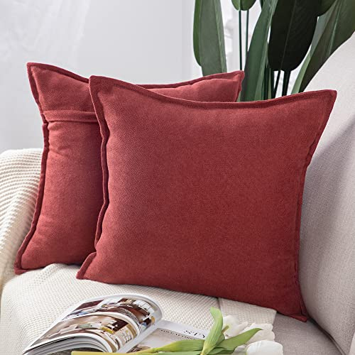 Madizz 2er Set kurzen Chenille Zierkissenbezüge weicher dekorativer Kissenbezug für Sofa, Schlafzimmer Kissenhülle Burgund 40x40 cm Quadrat
