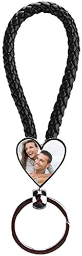 Porte-clés personnalisé avec cœur Photo – Porte-clés Original avec Longue Corde Noire tressée – Empiècement métal en Forme de cœur à Personnaliser Recto et Verso