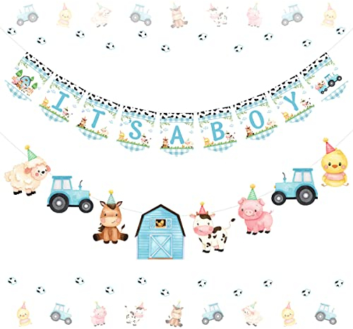 Bauernhoftier Babyparty Dekorationen Es ist ein Junge Banner für Jungen Bauernhof Tier Thema Girlande Baby Blau Foto Foto Banner für Barnyard Party Dekoration