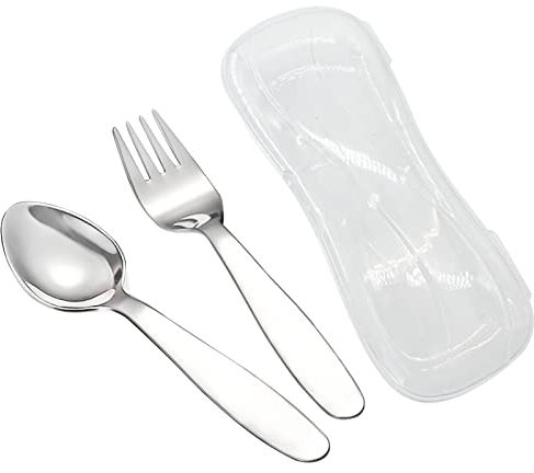 VANRA Juego de 2 cucharas de tenedor para niños con estuche de viaje para fiambrera, acero inoxidable 18/8, juego de cubiertos para niños Juego de utensilios escolares (cuchara tenedor)
