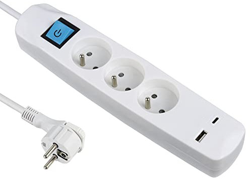 Electraline 35604 Bloc Multiprise 3 Prises Françaises + 2 USB 3.4A 17W A + 1 Type C, avec Interrupteur on/Off, Fiche Extra Plate 90° 16A, Câble 1.5M, Blanc