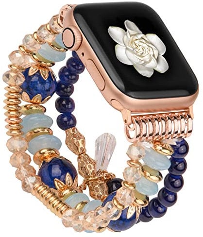 wutwuk Apple Watch Armband Damen Kompatibel mit iWatch Armband 44mm 45mm 42mm Damen mit Perlen für iWatch 8 7 6 5 4 SE SE2 3 2 1 Handgefertigter Elastischer Ersatzarmband Dunkelblau