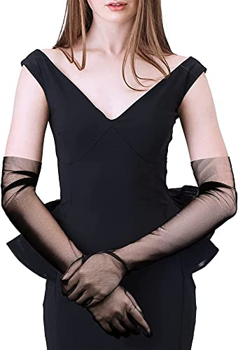 PLATEYTR Damen Opera Halb Transparent Tüll Braut Handschuhe Party Hochzeit Braut Handschuhe 1920er Stil Handschuhe Elastisch Erwachsene Größe bis Handgelenk Länge