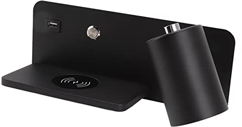 Appliques Murales à LED, Lampe de Lecture Murale de Chevet avec Chargeur sans Fil 5 V et Port de Charge USB, Bouton de Commande, Applique Rotative Réglable pour Chambre à Coucher pour(Noir Droit)
