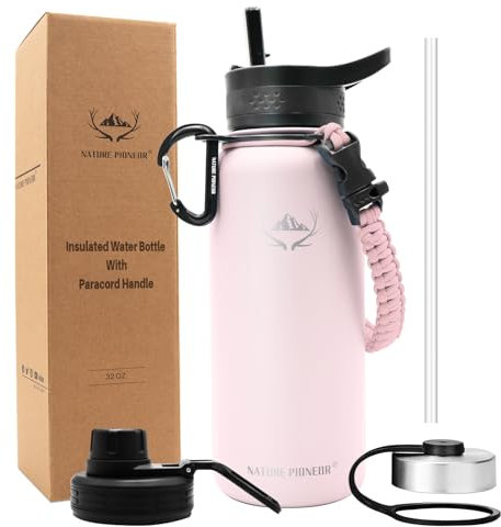 NATURE PIONEOR Insulated Water Bottles with Paracord Handle - 32 oz Vacuum Sports Wide Mouth Water Bottle with 3 Lids, Leak Proof Stainless Steel Keeps Hot and Cold