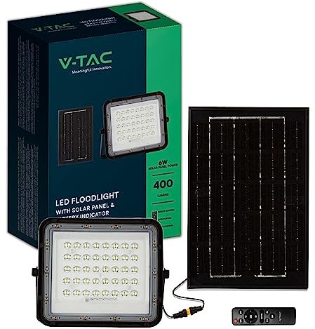 V-TAC Faro LED da Esterno con Pannello Solare 6W - Autonomia 12 Ore - Chip Samsung - IP65-400 Lumen - Proiettore LED con Telecomando e Batteria per Casa, Giardino, Garage - Luce Fredda