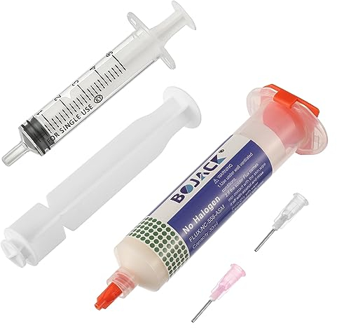 BOJACK 30ML Flux Senza Piombo Pasta Saldante per Siringa Viene Fornito con 2 Strumenti di Erogazione e Siringa a Stantuffo Adatto per la Saldatura Elettronica LED SMD PCB BGA (1,62 oz/46 g)