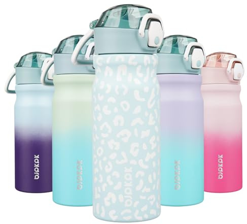 BJPKPK 530 ml Water Bottle with Straw & Handle, Insulated Stainless Flask | Light Blue Leopard, Leak Proof Locking Lid, Double Wall Vacuum, Keeps Hot/Cold, BPA Free, Dishwasher Safe, Travel & Sports