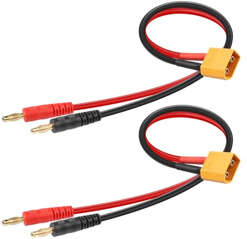 YACSEJAO XT60 auf Bananenstecker, 14 AWG XT60 auf Bananenstecker, 2 Stück, 30 cm, XT60-Stecker auf 4 mm Bananenstecker, Batterie-Ladekabel, Adapterkabel für RC Charge Hubschrauber Quadcopter Lipo Akku