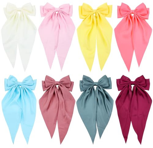 Cinaci 8 Pieces Long Tail Silky Satin Big Bow Hair Clips Barrettes for Women Girls Teens Kids