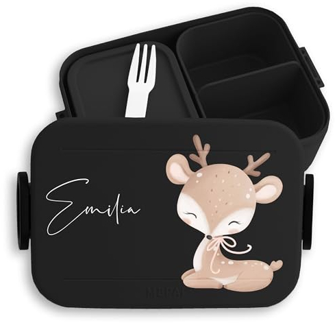 Kinder Bento Box Midi Lunchbox für Mepal Bentobox - Süßes Reh mit Name personalisiert I Rehlein Waldtier - 900 ml - Schwarz - brotbox mädchen schule personalisierte brotdose kindergarten rehkitz
