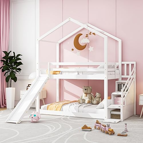 Kinderbett 90x200 cm, Hausbett Etagenbett, Hochbett Baumhaus Spielbett mit Rutsche und Stauraum Treppe, Kinderbetten Jugendbett Holzbett mit stabilen Gitterstäben und Lattenrost, ohne matratze (weiß)