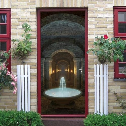 3D Door Poster Pillar Fountain 95 X 210 Cm for Living Room Bedroom Bathroom Kitchen Door Decoration - Door Decals Peel and Stick Vinyl Waterproof Removable Door Wallpaper