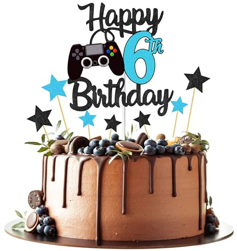 Joyeah Happy 6th Birthday Cake Topper Glitter Video Game Cake Pick Game On Cheers to 6 Years Cake Decoration for Game Theme Happy 6th Birthday Party Supplies Blue