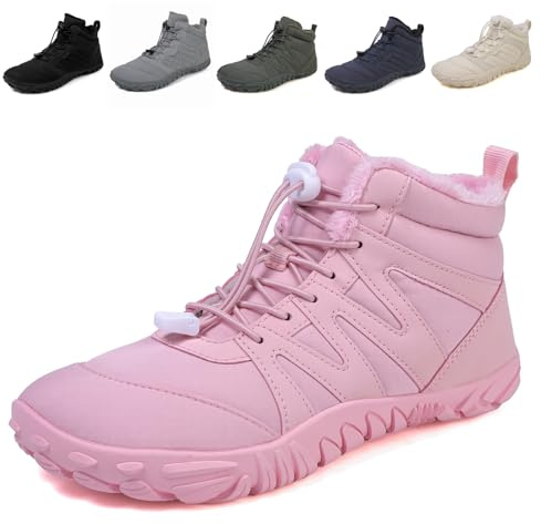 Fadezar Barfußstiefel für Herren und Damen, wasserdicht, Schneestiefel, warmes Fellfutter, Barfußschuhe, rutschfeste Wanderstiefel, 1699 Pink, 38.5 EU
