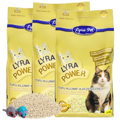 Lyra Pet® 7,5 kg Tofu Katzenstreu + 2 Spielmäuse klumpend Naturprodukt | Parfümfreie Klumpstreu - 300 % Saugkraft - Umweltfreundlich aus Erbsenprotein - Auch für empfindliche Katzen - Staubfrei